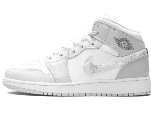 DD3235-100 Air Jordan 1 Mid SE Swoosh Logo – Grey Camo (GS)